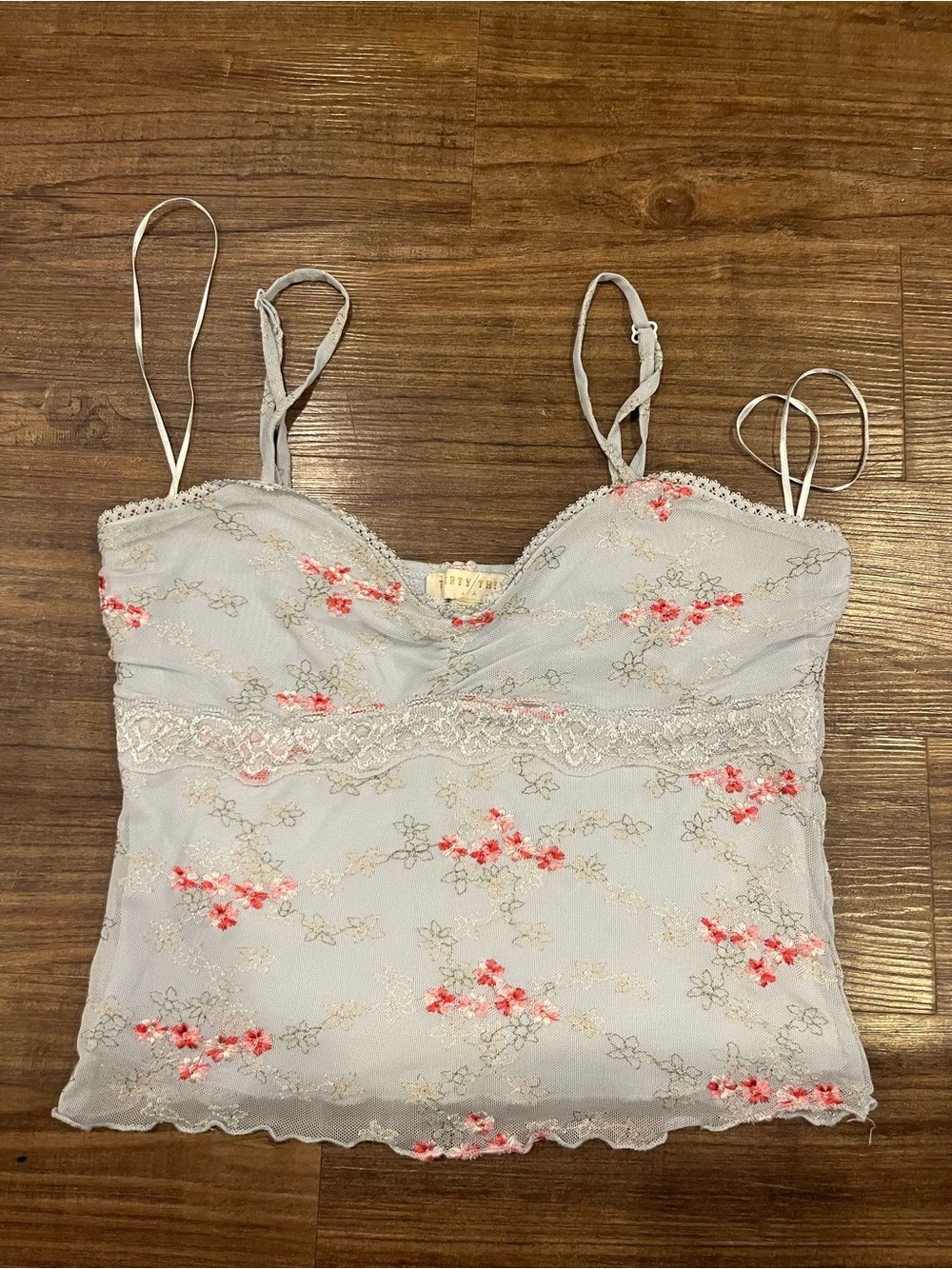 Woman’s Floral Lace Trim Light Blue Tank Top with Spaghetti Straps size M